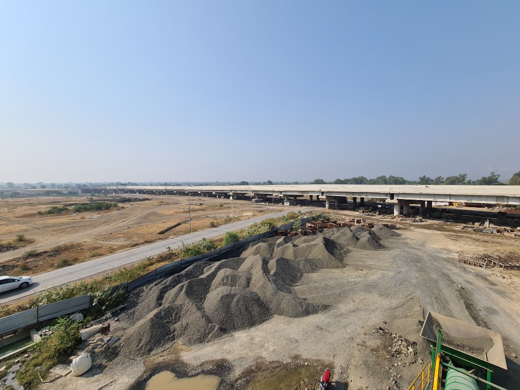 Long view of bridge construction staging